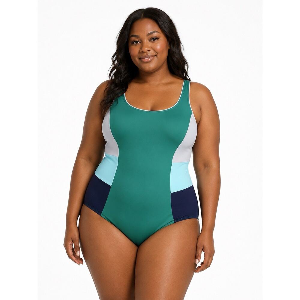 Lands End Tugless Sporty One‎ Piece Swimsuit Scoop Neck Green Preppy Womens 18
